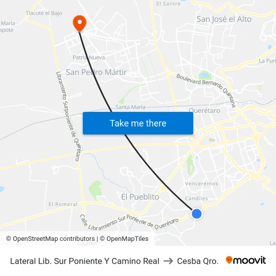 Lateral Lib. Sur Poniente Y Camino Real to Cesba Qro. map