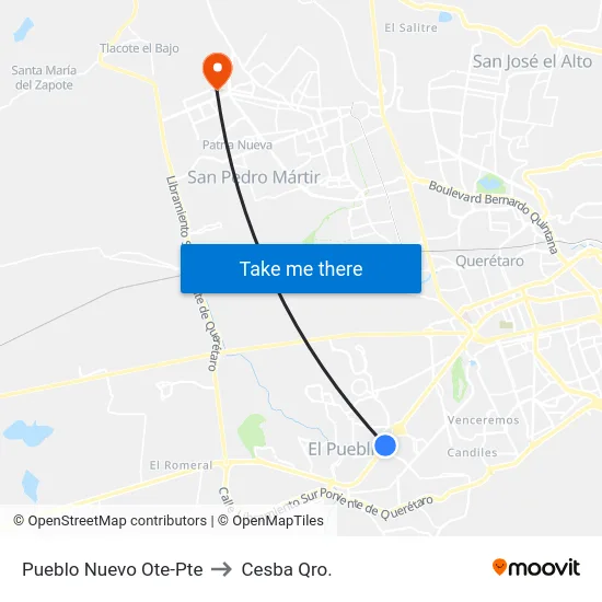 Pueblo Nuevo Ote-Pte to Cesba Qro. map