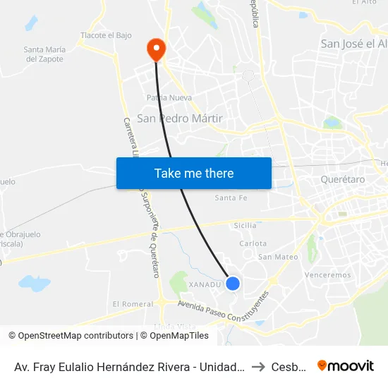 Av. Fray Eulalio Hernández Rivera - Unidad Deportiva El Pueblito to Cesba Qro. map