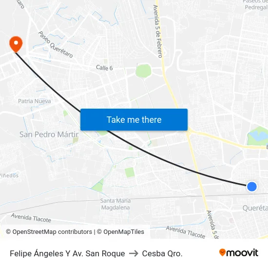 Felipe Ángeles Y Av. San Roque to Cesba Qro. map