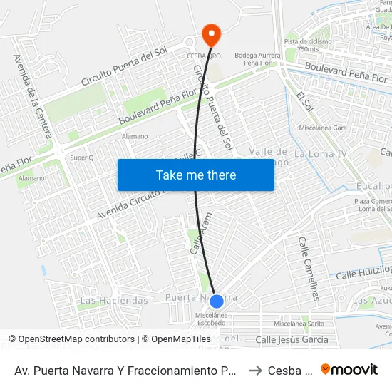 Av. Puerta Navarra Y Fraccionamiento Puerta Navarra to Cesba Qro. map