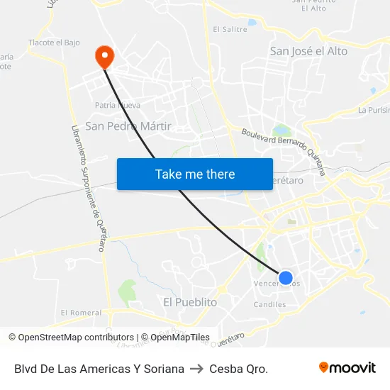 Blvd. De Las Américas - Soriana Mercado to Cesba Qro. map
