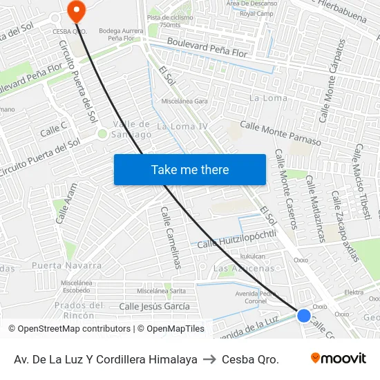 Av. De La Luz Y Cordillera Himalaya to Cesba Qro. map