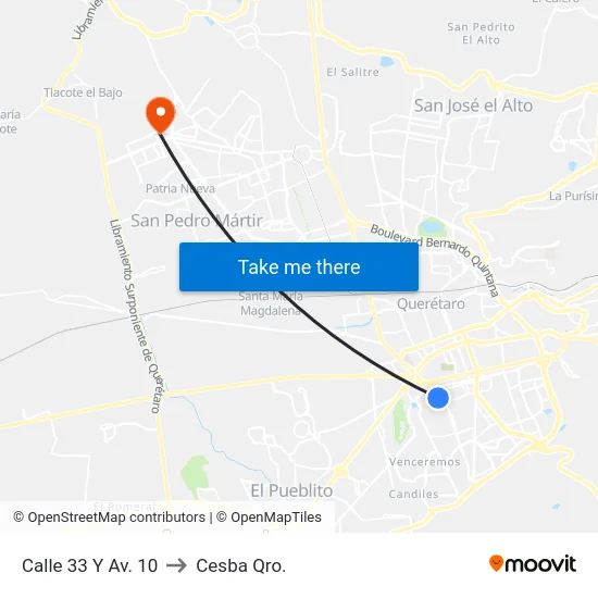 Calle 33 Y Av. 10 to Cesba Qro. map