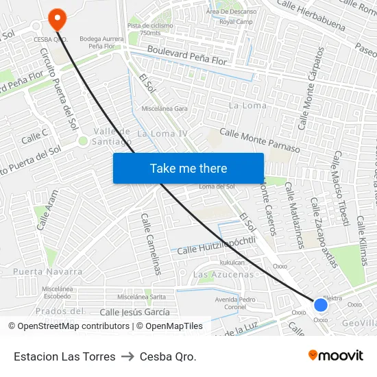 Estacion Las Torres to Cesba Qro. map