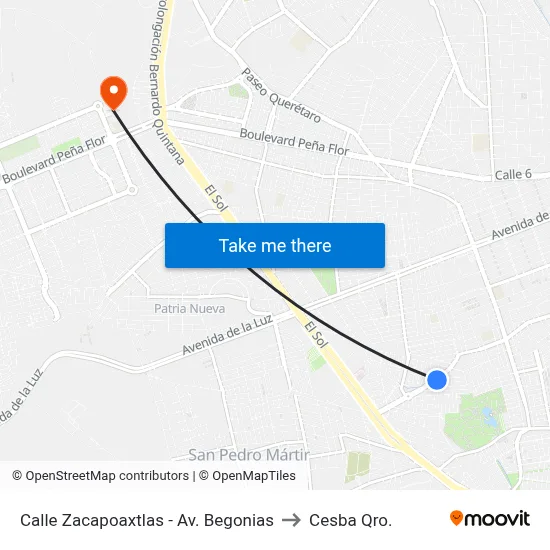Calle Zacapoaxtlas - Av. Begonias to Cesba Qro. map