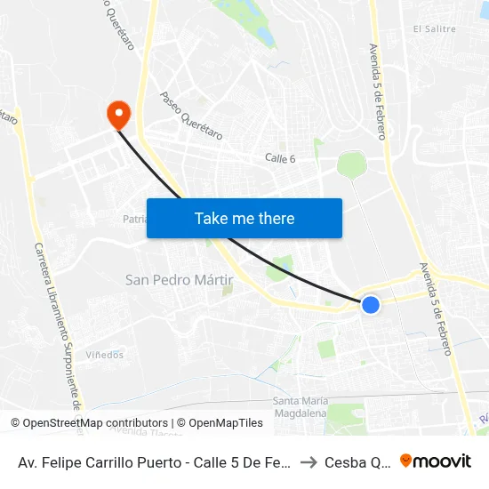 Av. Felipe Carrillo Puerto - Calle 5 De Febrero to Cesba Qro. map