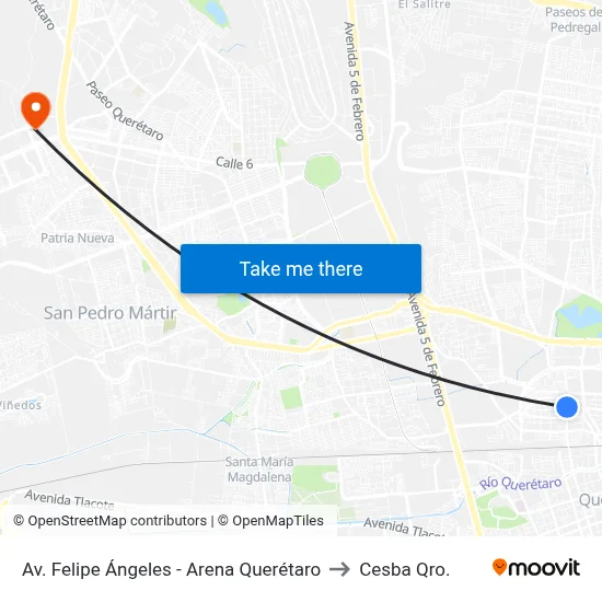 Av. Felipe Ángeles - Arena Querétaro to Cesba Qro. map