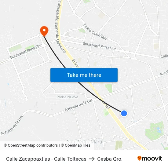 Calle Zacapoaxtlas - Calle Toltecas to Cesba Qro. map
