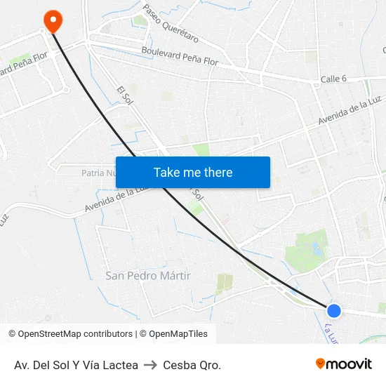 Av. Del Sol Y Vía Lactea to Cesba Qro. map