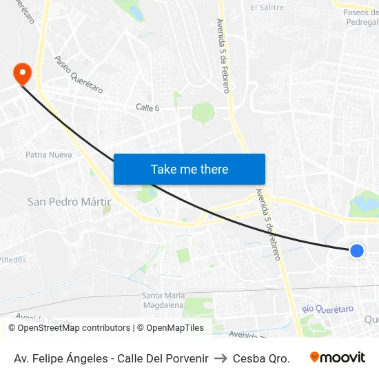Av. Felipe Ángeles - Calle Del Porvenir to Cesba Qro. map