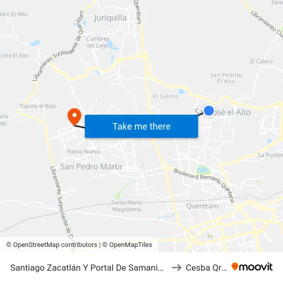 Santiago Zacatlán Y Portal De Samaniego to Cesba Qro. map