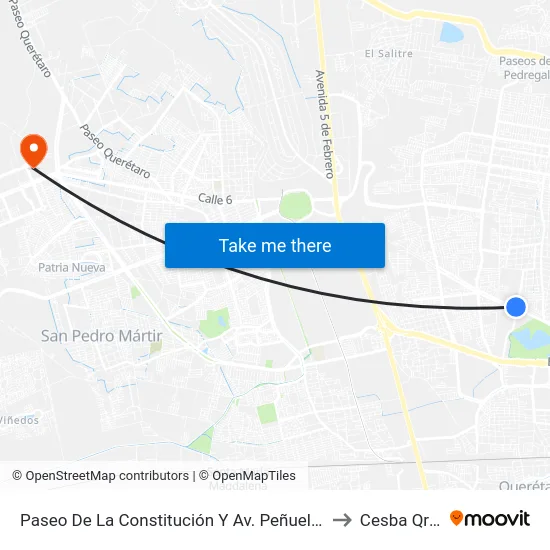 Paseo De La Constitución Y Av. Peñuelas to Cesba Qro. map