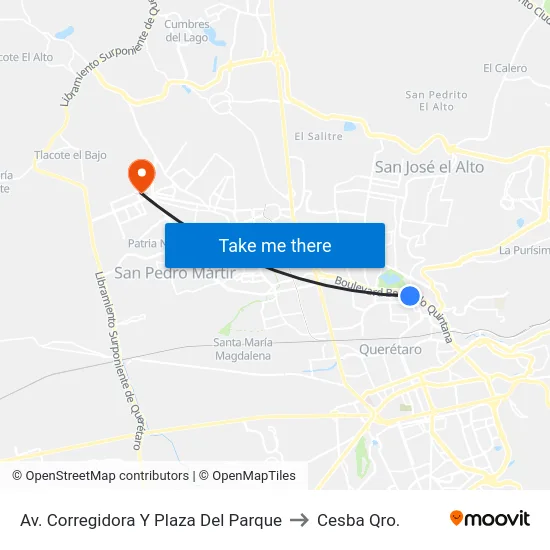 Av. Corregidora Y Plaza Del Parque to Cesba Qro. map