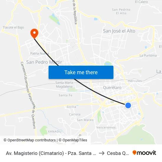 Av. Magisterio (Cimatario) - Pza. Santa Ana to Cesba Qro. map