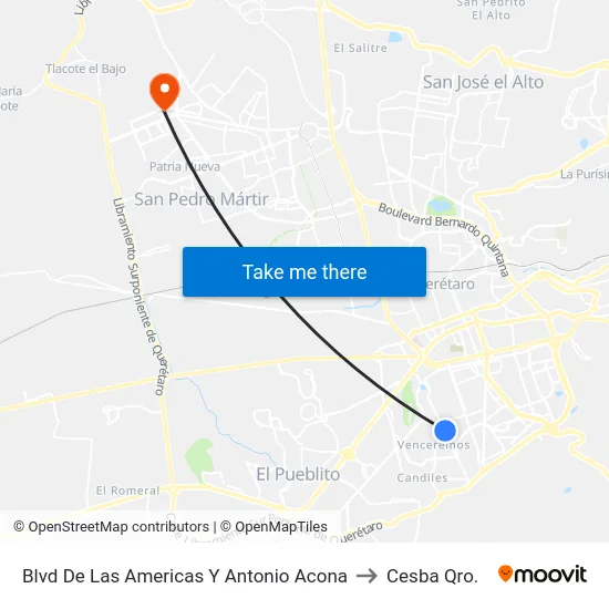 Blvd De Las Americas Y Antonio Acona to Cesba Qro. map