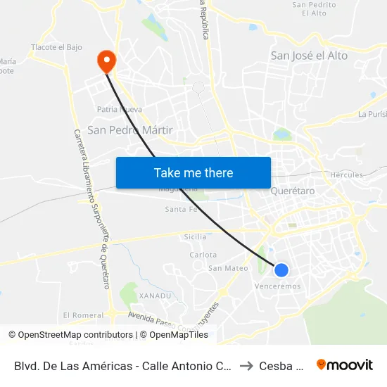 Blvd. De Las Américas - Calle Antonio Carranza to Cesba Qro. map