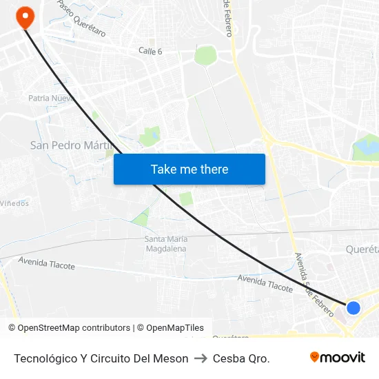 Tecnológico Y Circuito Del Meson to Cesba Qro. map