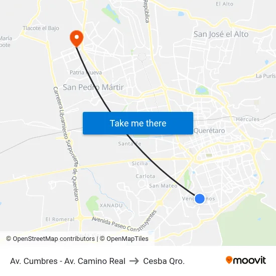 Av. Cumbres - Av. Camino Real to Cesba Qro. map