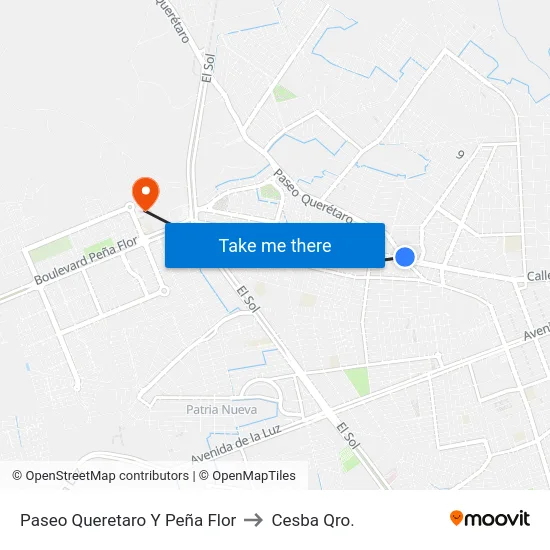 Paseo Queretaro Y Peña Flor to Cesba Qro. map