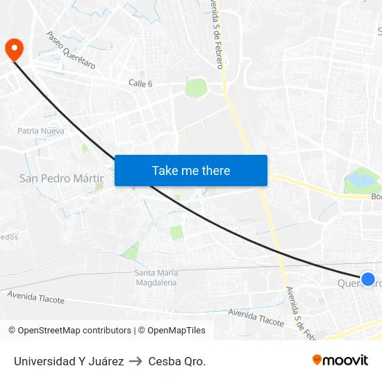 Universidad Y Juárez to Cesba Qro. map