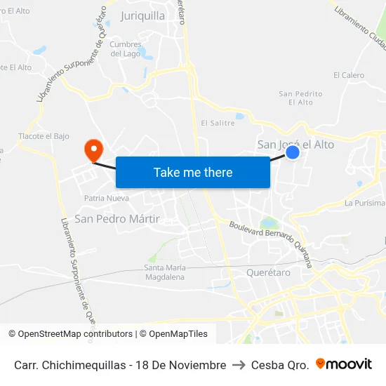 Carr. Chichimequillas - 18 De Noviembre to Cesba Qro. map