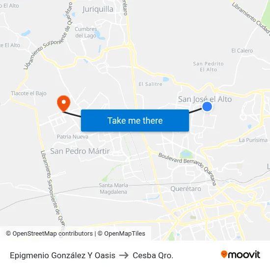 Epigmenio González Y Oasis to Cesba Qro. map