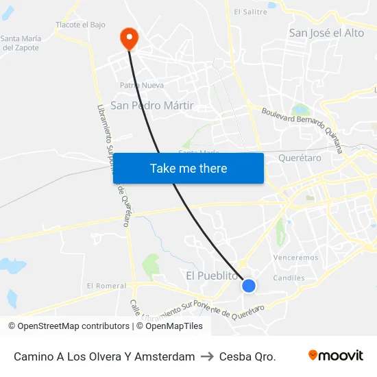 Camino A Los Olvera Y Amsterdam to Cesba Qro. map