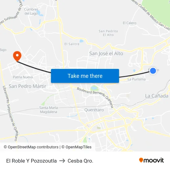 El Roble Y Pozozoutla to Cesba Qro. map