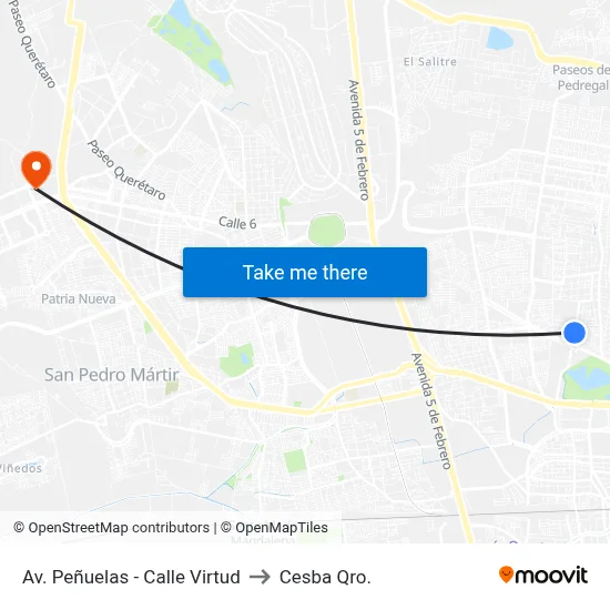 Av. Peñuelas - Calle Virtud to Cesba Qro. map