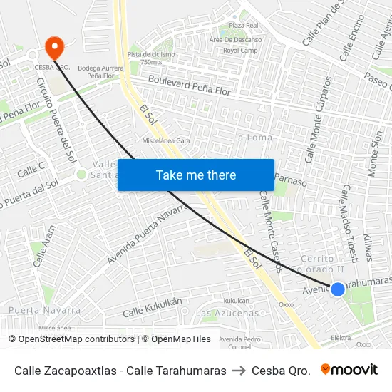 Calle Zacapoaxtlas - Calle Tarahumaras to Cesba Qro. map