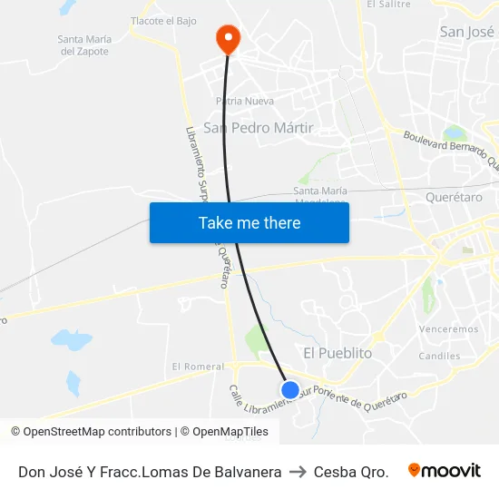 Don José Y Fracc.Lomas De Balvanera to Cesba Qro. map