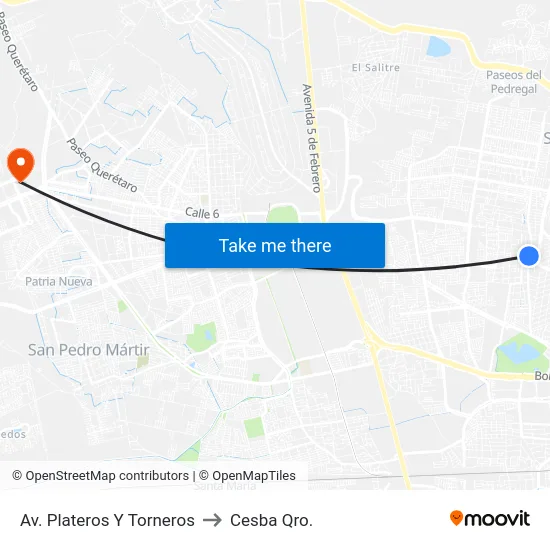 Av. Plateros Y Torneros to Cesba Qro. map