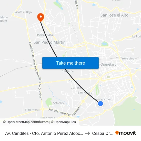 Av. Candiles - Cto. Antonio Pérez Alcocer to Cesba Qro. map