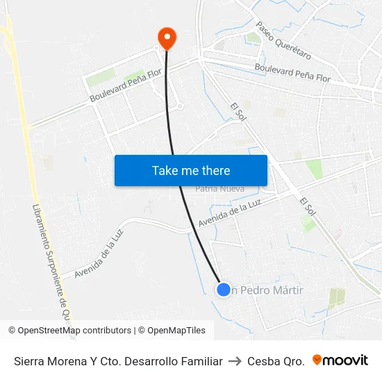 Sierra Morena Y Cto. Desarrollo Familiar to Cesba Qro. map