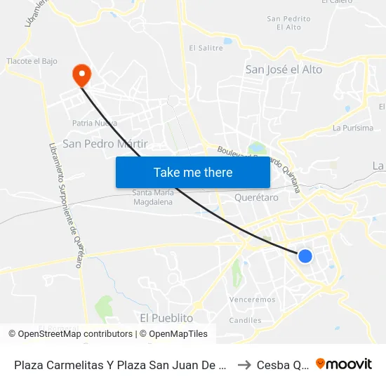 Plaza Carmelitas Y Plaza San Juan De Letran to Cesba Qro. map