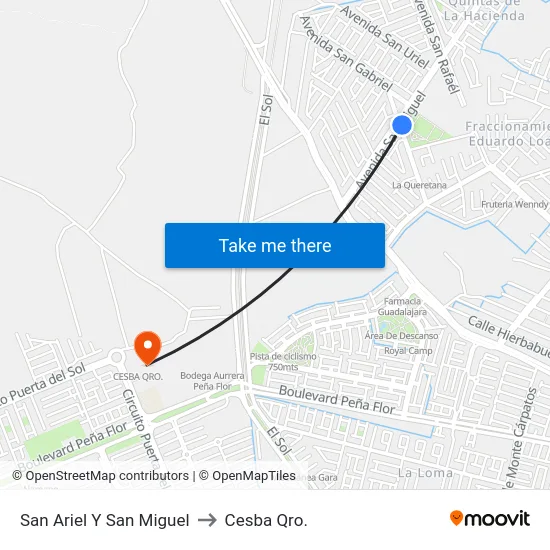 San Ariel Y San Miguel to Cesba Qro. map