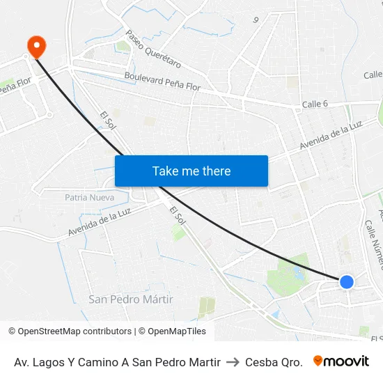 Av. Lagos Y Camino A San Pedro Martir to Cesba Qro. map