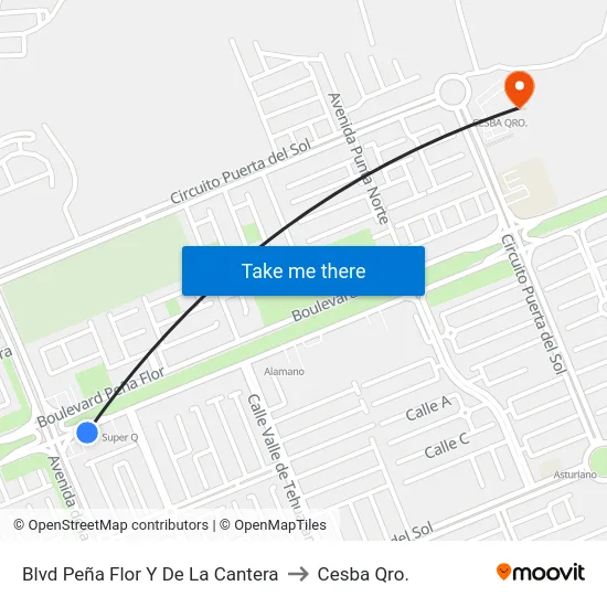 Blvd Peña Flor Y De La Cantera to Cesba Qro. map