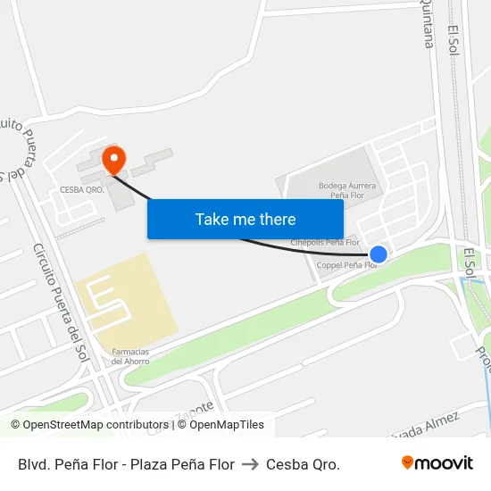 Blvd. Peña Flor - Plaza Peña Flor to Cesba Qro. map