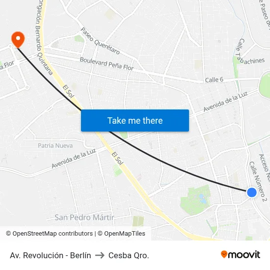 Av. Revolución - Berlín to Cesba Qro. map