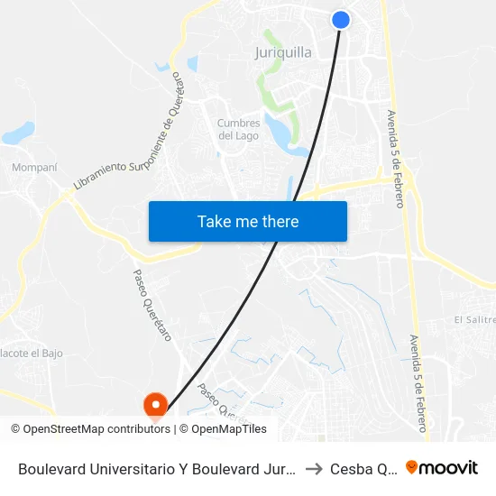 Boulevard Universitario Y Boulevard Juriquilla to Cesba Qro. map