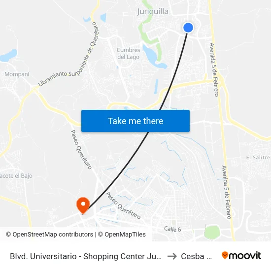 Blvd. Universitario - Shopping Center Juriquilla to Cesba Qro. map