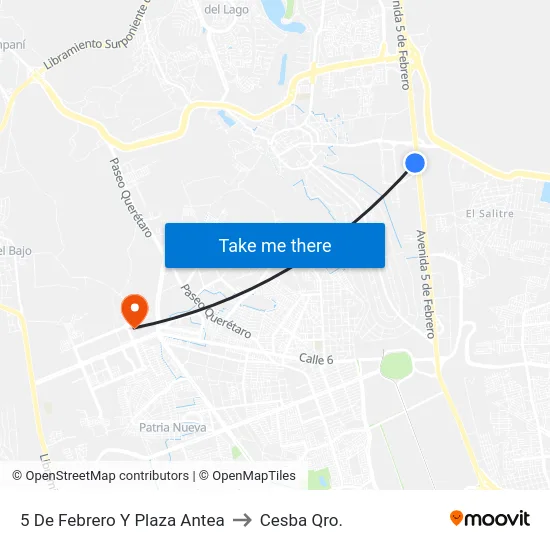 5 De Febrero Y Plaza Antea to Cesba Qro. map