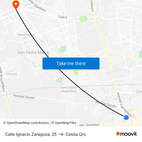 Calle Ignacio Zaragoza, 35 to Cesba Qro. map