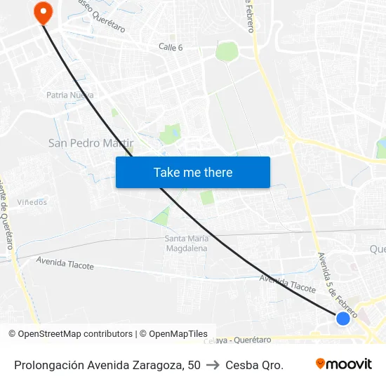 Prolongación Avenida Zaragoza, 50 to Cesba Qro. map
