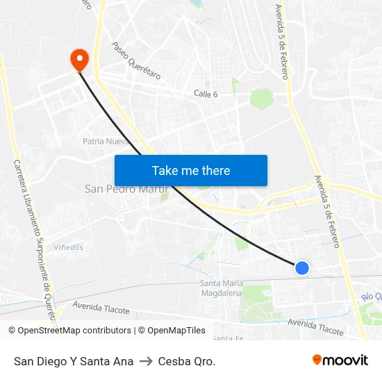 San Diego Y Santa Ana to Cesba Qro. map