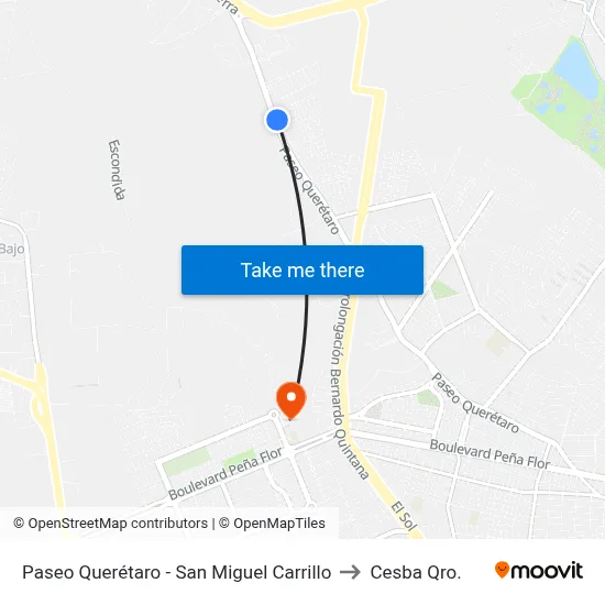 Paseo Querétaro - San Miguel Carrillo to Cesba Qro. map