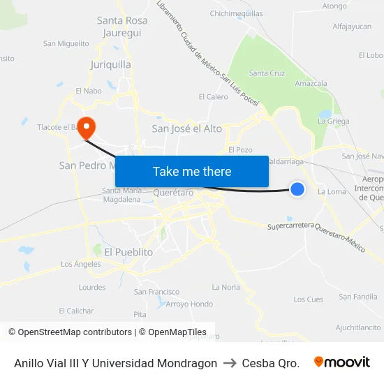 Anillo Vial III Y  Universidad Mondragon to Cesba Qro. map