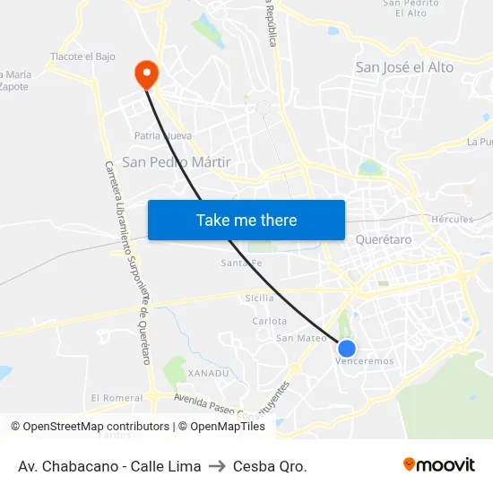 Av. Chabacano - Calle Lima to Cesba Qro. map